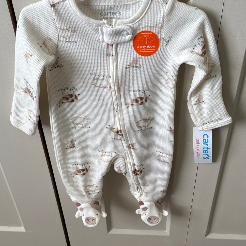 Carter's Cream Waffle-Knit Footed One-Piece with Giraffe Print